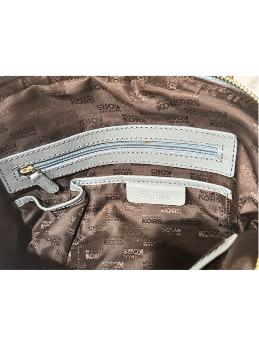 MICHAEL KORS monogram Beige Blue Teal jacquard LARGE satchel Y2K EUC Purse Bag - Picture 7 of 11